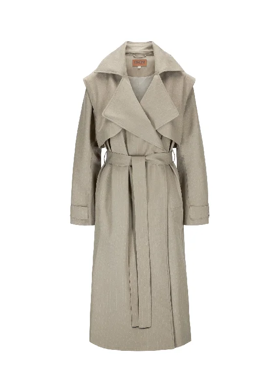 Regndråpe Trench Coat - Taupe Pinstripe Stylish Faux-Fur Trench Coat