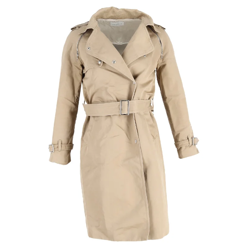 Sandro Paris Belted Trench Coat in Beige Cotton Stylish Plaid Trench Design