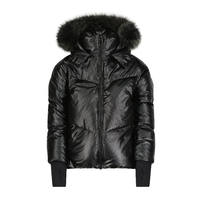 SCOTCH BONNET BLACK & GREEN TIPS FUR HOODED PUFFER Hoodie with Crew Neck Simple Timeless SCOTCH BONNET BLACK & GREEN TIPS FUR HOODED PUFFER Hoodie with Crew Neck Simple Timeless