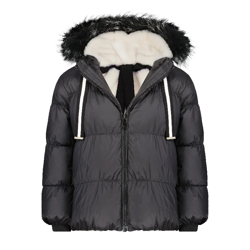 SCOTCH BONNET BLACK & WHITE TIPS FUR HOODED DRAWSTRING PUFFER Hoodie with High Neck Warm Protective SCOTCH BONNET BLACK & WHITE TIPS FUR HOODED DRAWSTRING PUFFER Hoodie with High Neck Warm Protective