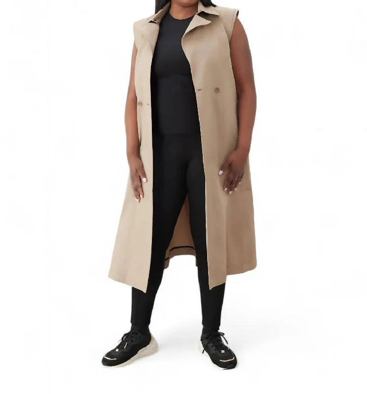 Sleeveless Trench Coat In Soho Stone Stylish Faux Leather Trench