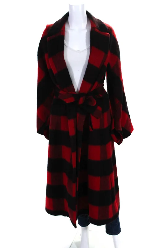 Smarteez Womens Wool Check Print Open Front Collared Trench Coat Red Comfortable Zip-Up Trench Coat Smarteez Womens Wool Check Print Open Front Collared Trench Coat Red Comfortable Zip-Up Trench Coat