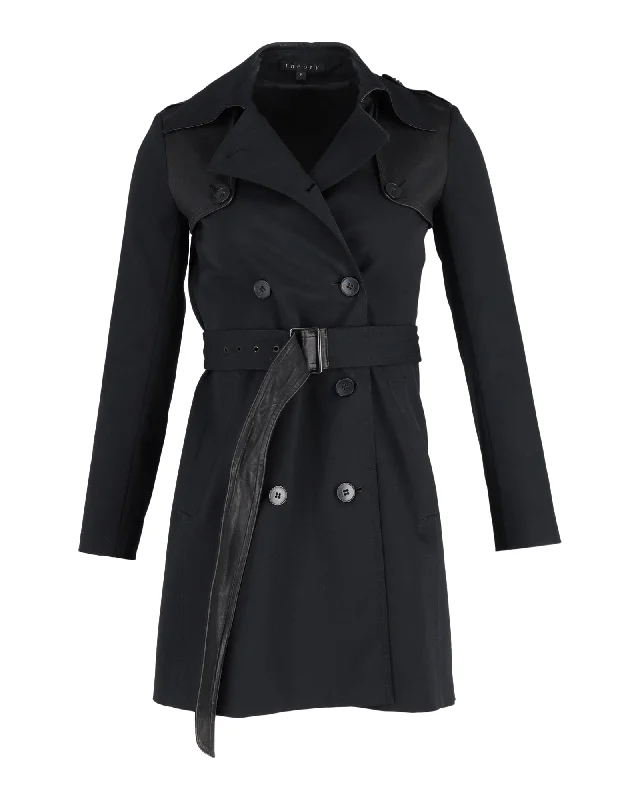 Theory Double-Breasted Trench Coat with Belt in Black Cotton Stylish Long Trench Coat Theory Double-Breasted Trench Coat with Belt in Black Cotton Stylish Long Trench Coat