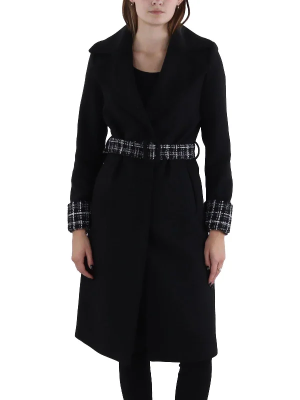 Tia Womens Wool Blend Belted Trench Coat Classic Double-Breasted Wool Trench