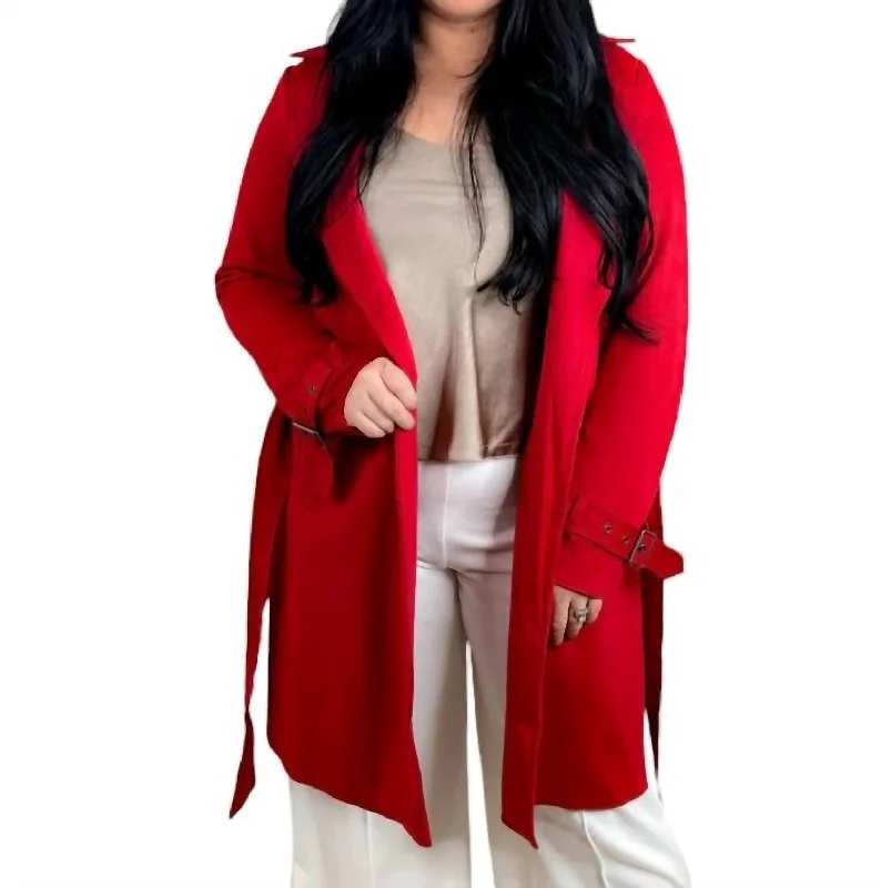 Vegan Suede Trench Coat In Red Warm Plaid Wool Trench