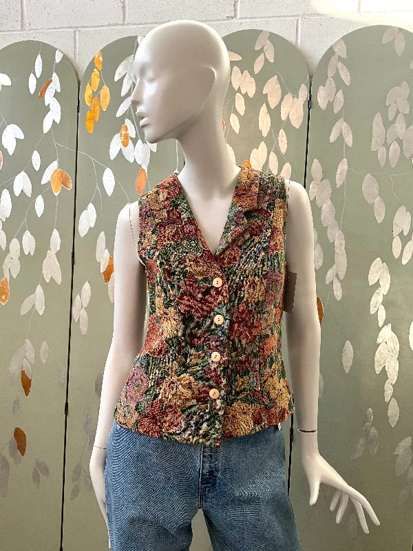 Vintage 1990s Floral Tapestry Waistcoat, Small Cozy Fur-Lined Waistcoat Vest
