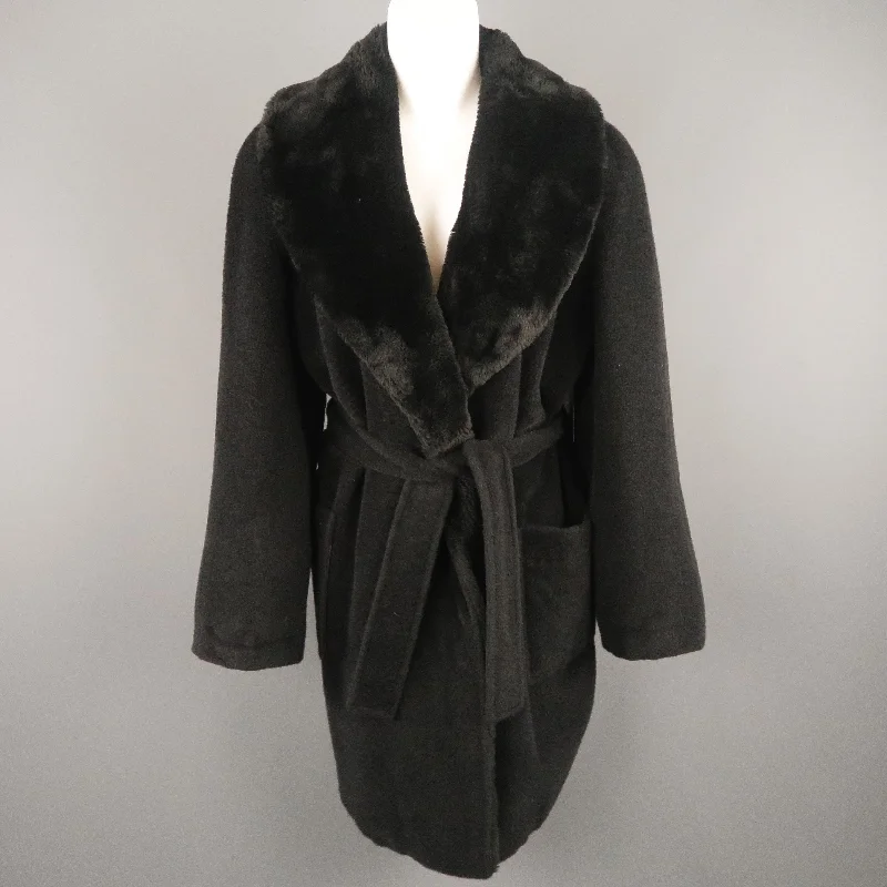 Vintage SONIA RYKIEL Size L Black Faux Fur Shawl Collar Robe Coat Fashionable Oversized Shawl