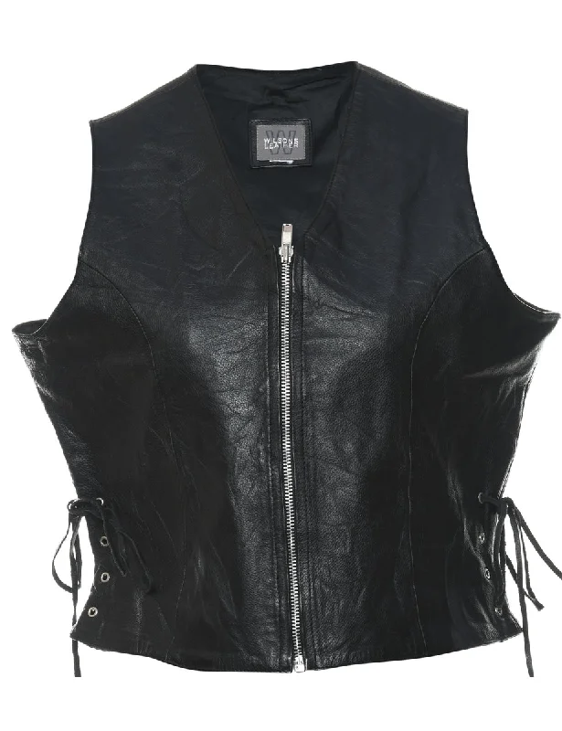 Wilson Leather Black Zip-Front Waistcoat - L Casual Hooded Waistcoat Jacket