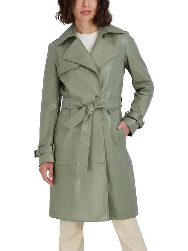 Womens Faux Leather Cold Weather Trench Coat Fashionable Tartan Trench Coat