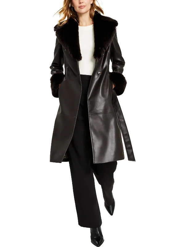 Womens Faux Leather Midi Trench Coat Elegant Layered Trench Coat