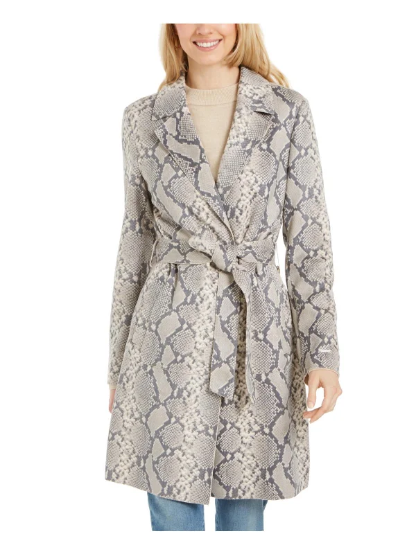 Womens Snake Print Long Trench Coat Sleek Black Double-Breasted Trench