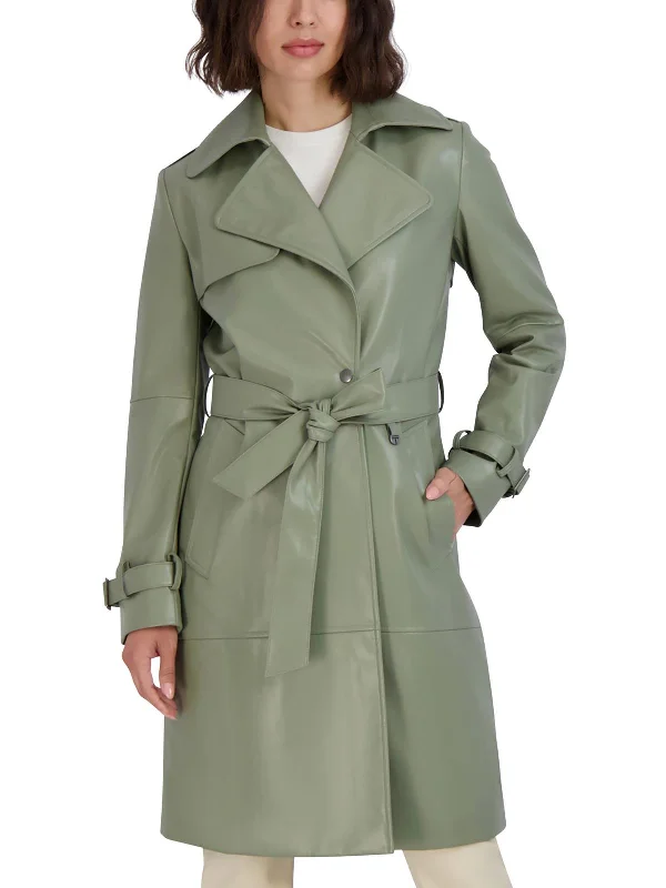 Womens Vegan Leather Belted Trench Coat Elegant Black Wool Trench