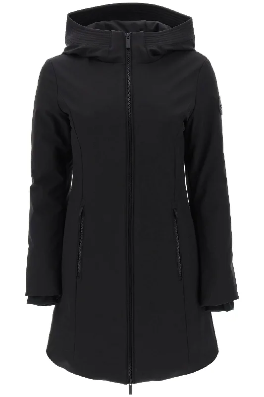 Firth Hooded Softshell Down Parka - Black Hoodie with Hem Patch Decorative Personalized Firth Hooded Softshell Down Parka - Black Hoodie with Hem Patch Decorative Personalized