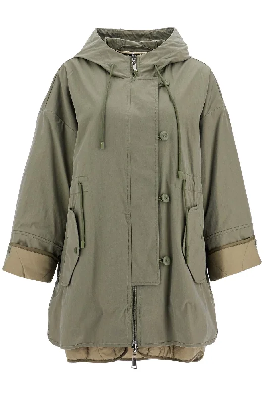 Reversible Hooded Parka With  - Khaki Hoodie with Hem Contrast Bold Stylish