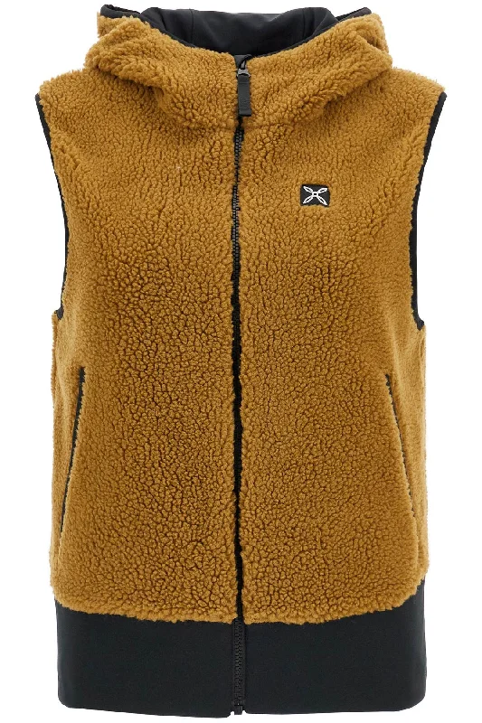 Sherpa Hooded Vest With  - Brown Hoodie with Hem Applique Textured Unique
