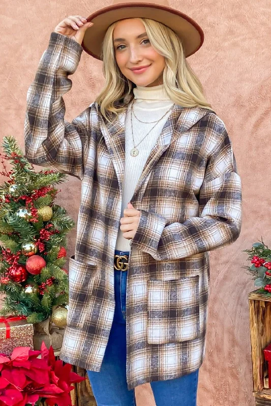 And The Why Plaid Open Front Hooded Shacket Hoodie with Pattern Geometric Abstract