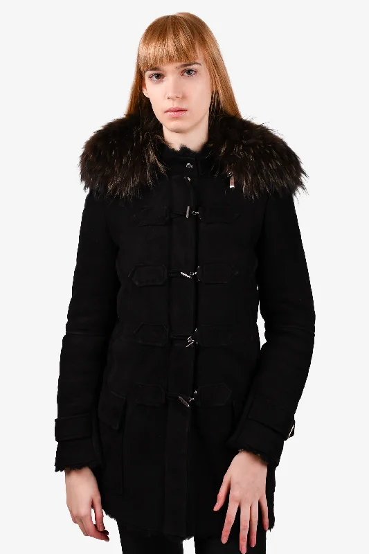 Barbara Bui Black Suede Shearling Lined Peacoat with Fur Collar Size 38 Front Pockets Side Pockets Patch Pockets Barbara Bui Black Suede Shearling Lined Peacoat with Fur Collar Size 38 Front Pockets Side Pockets Patch Pockets