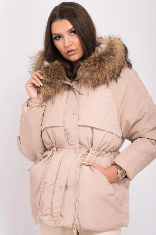 Beige Luxury Fur Padded Stopper Drawstring Coat Cuffed Rolled Raglan