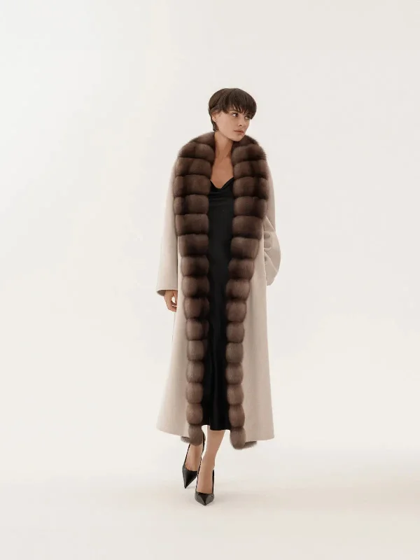 Coat of cashmere in olive tone with natural fur shawl collar Chic Cotton Shawl Wrap
