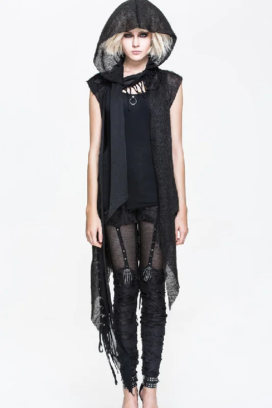 Black Asymmetrical Hole Wool Knit Women's Punk Hooded Shawl Trendy Bohemian Shawl Cape