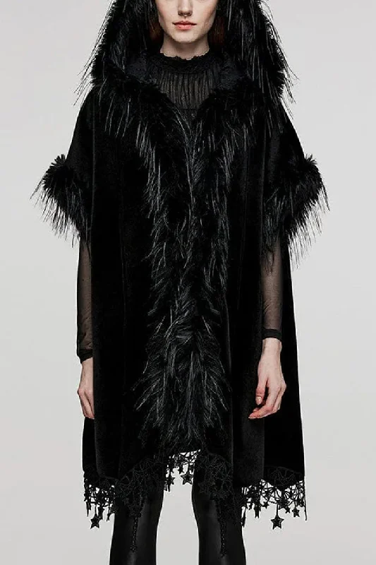 Black Bat Sleeves Tassel Faux Fur Stitching Lace Hooded Womens Gothic Elegant Cloak Hoodie with Raglan Sleeves Sporty Comfortable Black Bat Sleeves Tassel Faux Fur Stitching Lace Hooded Womens Gothic Elegant Cloak Hoodie with Raglan Sleeves Sporty Comfortable