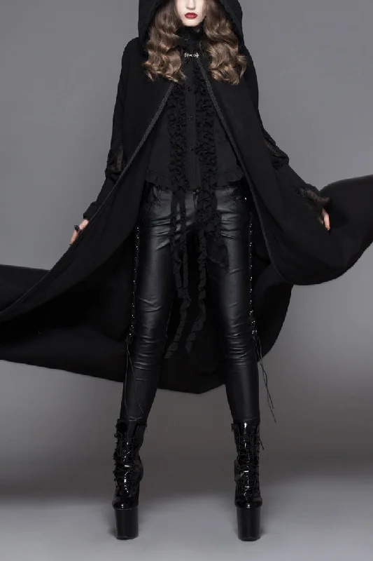 Black Detachable Feather 3D Ribbons Decorated Woollen Hooded Women's Gothic Cape Hoodie with Raw Hem Edgy Unfinished Black Detachable Feather 3D Ribbons Decorated Woollen Hooded Women's Gothic Cape Hoodie with Raw Hem Edgy Unfinished