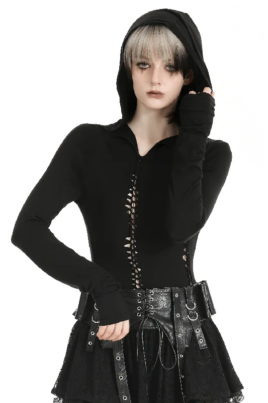 Black Gothic Hooded Cutout Long Sleeve Top for Women Hoodie with Lace Feminine Delicate Black Gothic Hooded Cutout Long Sleeve Top for Women Hoodie with Lace Feminine Delicate