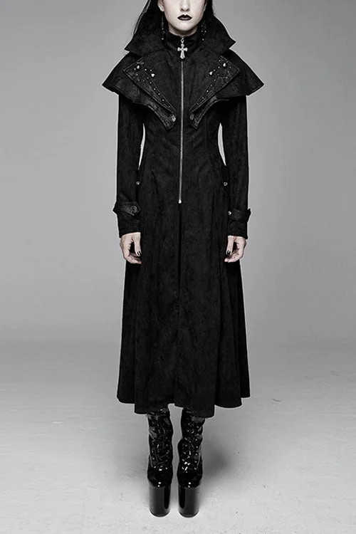 Black Hand Embroidered Big Shawl Collar Zipper Up Long Womens Gothic Coat Cozy Wool Shawl Poncho Black Hand Embroidered Big Shawl Collar Zipper Up Long Womens Gothic Coat Cozy Wool Shawl Poncho