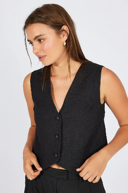 Black Linen Waistcoat Trendy Plaid Waistcoat Vest