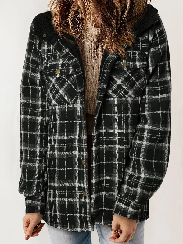 Cozy Black Plaid Sherpa Lined Hooded Shacket Hoodie with Neon Bright Vibrant