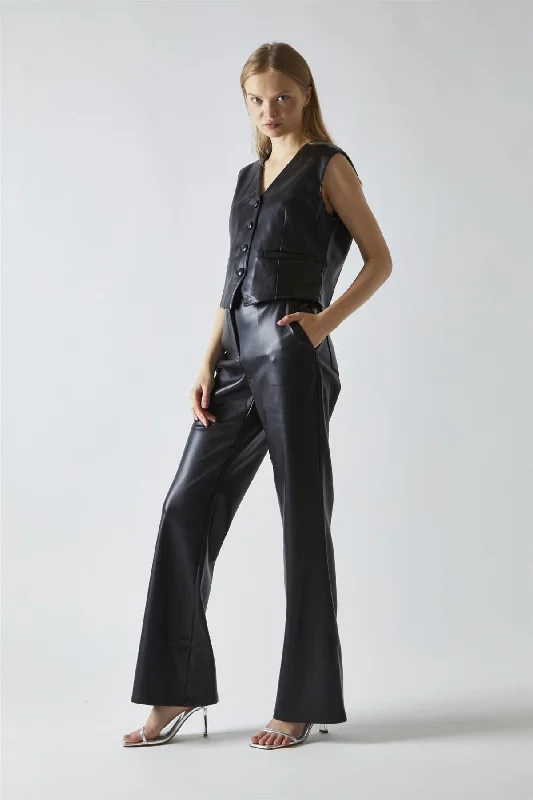 Black-PU Classic-Waistcoat Casual Hooded Waistcoat Jacket