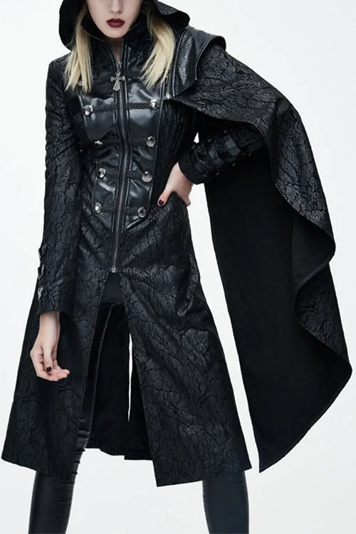 Black Punk Hooded One Side Shawl Gothic Pattern Womens Leather Long Coat Classic Knit Shawl Wrap Black Punk Hooded One Side Shawl Gothic Pattern Womens Leather Long Coat Classic Knit Shawl Wrap