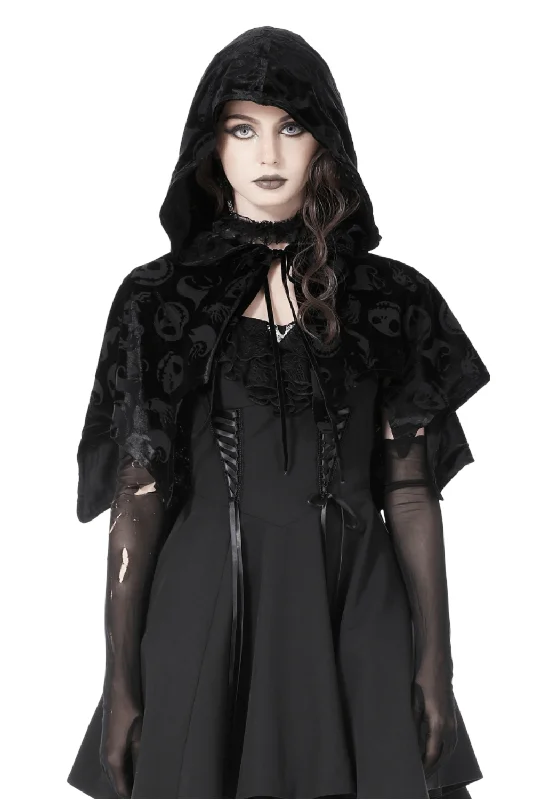 Black Velvet Hooded Cape With Skull Print Design Hoodie with Distressed Vintage Worn Black Velvet Hooded Cape With Skull Print Design Hoodie with Distressed Vintage Worn