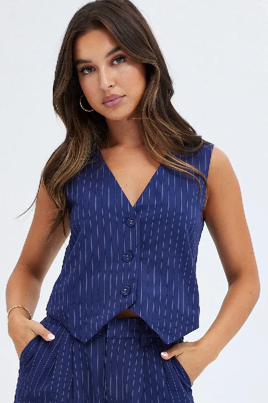 Blue Stripe Top Waistcoat Sleeveless V Neck Button Up Relaxed Warm Padded Waistcoat Vest Blue Stripe Top Waistcoat Sleeveless V Neck Button Up Relaxed Warm Padded Waistcoat Vest