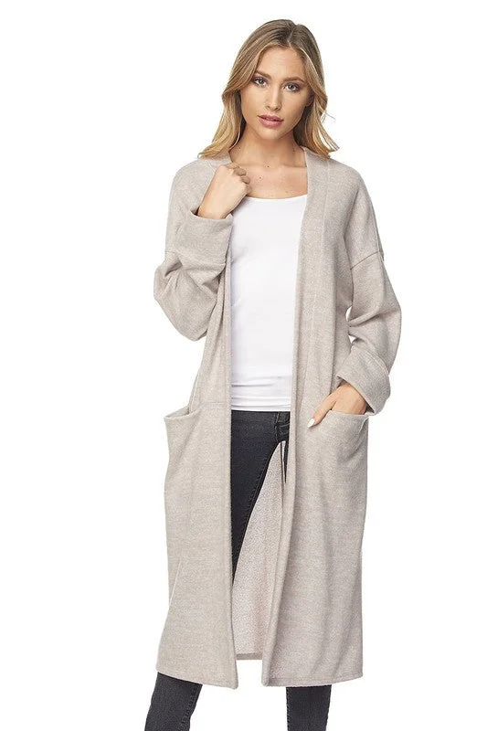 Brushed Coat W/ Pockets Tie-Waist Belted Drawstring