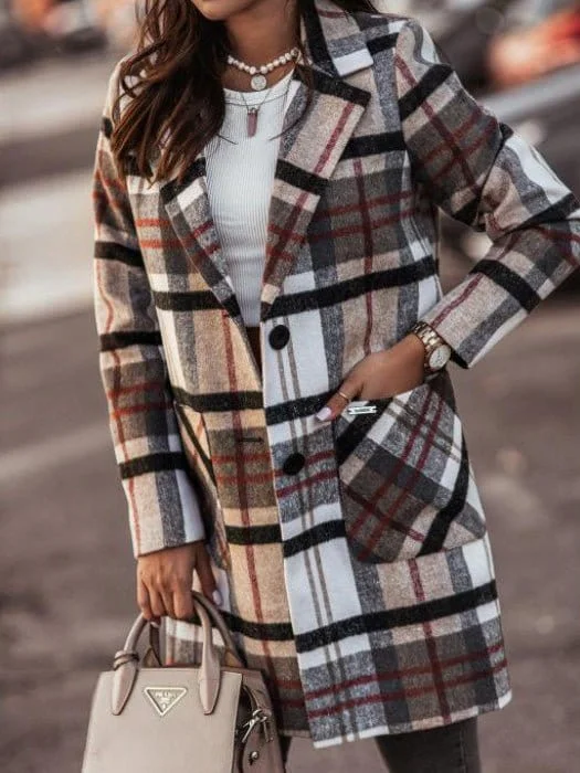Classic Plaid Coat with Patch Pockets Turtleneck Wrap Cape