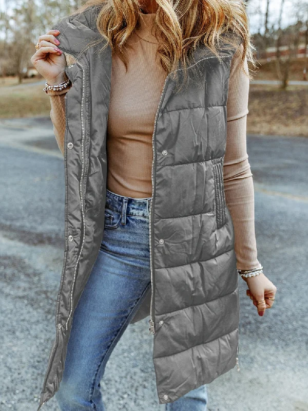 Quilted Gray Hooded Long Vest Coat for Winter Adventures High-Collar Puffer Vest