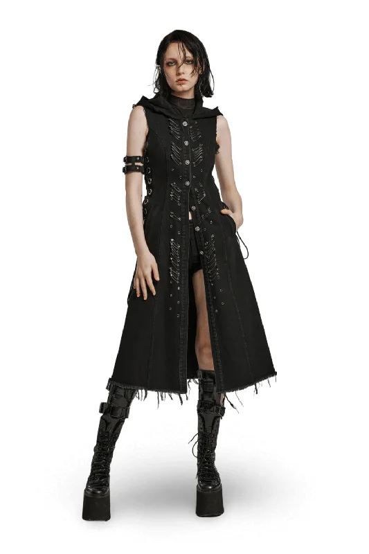 Denim Hooded Cape with Punk Safety Pins and Raw Edge Hoodie with Camouflage Military Edgy Denim Hooded Cape with Punk Safety Pins and Raw Edge Hoodie with Camouflage Military Edgy