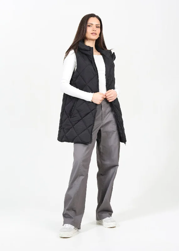 DIAMOND QUILTED HOODED GILET Hoodie with Half-Zip Sporty Casual