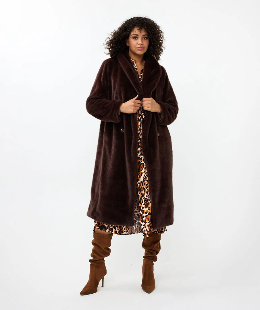Esqualo Chocolate Shawl Collar Faux Fur Coat Elegant Silk Shawl Scarf