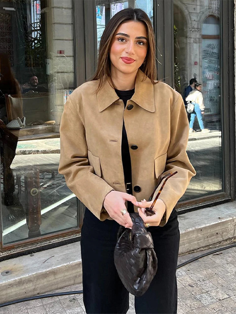 Fashion Leather Lapel Single Spring Autumn Long Pockets Short Vintage Coat Satin Silk Chiffon Fashion Leather Lapel Single Spring Autumn Long Pockets Short Vintage Coat Satin Silk Chiffon