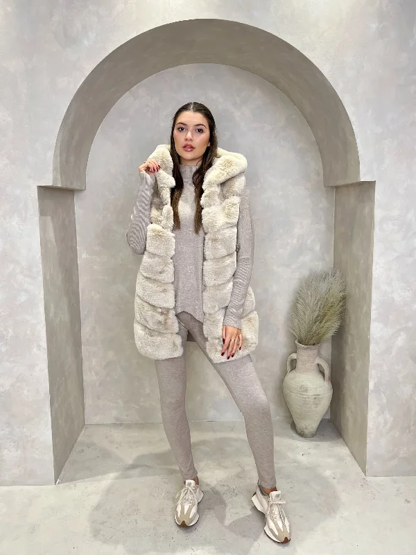 Faux Fur Longline Hooded Gilet Hooded Sweatshirt Casual Wear Street Style