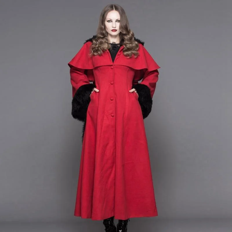 Women's Fur Trimmed Hooded Goth Topcoat Trapeze Tunic Caftan