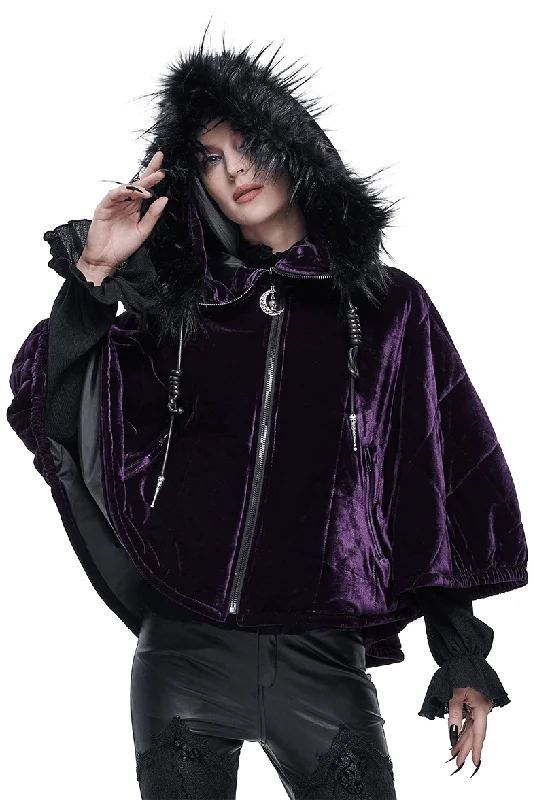 Gothic Faux Fur Hooded Velvet Cape / Warm Purple Zipper Cape for Women Hoodie with Toggle Buttons Decorative Unique Gothic Faux Fur Hooded Velvet Cape / Warm Purple Zipper Cape for Women Hoodie with Toggle Buttons Decorative Unique