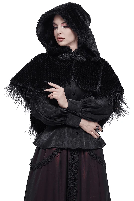 Gothic Feather Hooded Short Cape / Women's Grained Plush Cape with Fur Balls on the Back Hoodie with Zipper Placket Modern Functional Gothic Feather Hooded Short Cape / Women's Grained Plush Cape with Fur Balls on the Back Hoodie with Zipper Placket Modern Functional