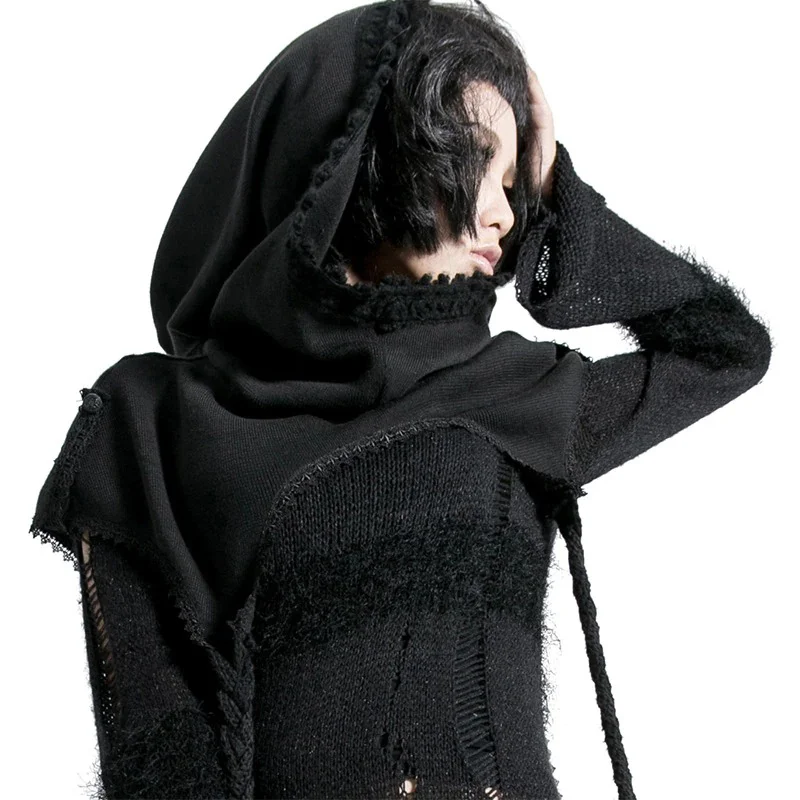 Gothic Female Black Knitted Wool Cape / Fashion Women's Hooded Long Capes in Punk Style Hoodie with Mock Neck Collared Structured Gothic Female Black Knitted Wool Cape / Fashion Women's Hooded Long Capes in Punk Style Hoodie with Mock Neck Collared Structured