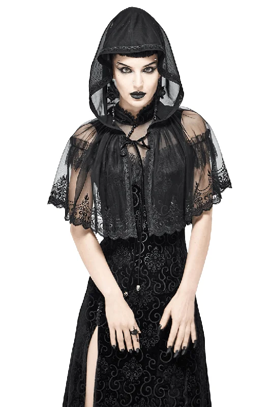 Gothic Floral Lace Cape with Hooded / Women's Black Short Cape with Velvet Ribbon Hoodie with Snap Buttons Easy Quick Gothic Floral Lace Cape with Hooded / Women's Black Short Cape with Velvet Ribbon Hoodie with Snap Buttons Easy Quick