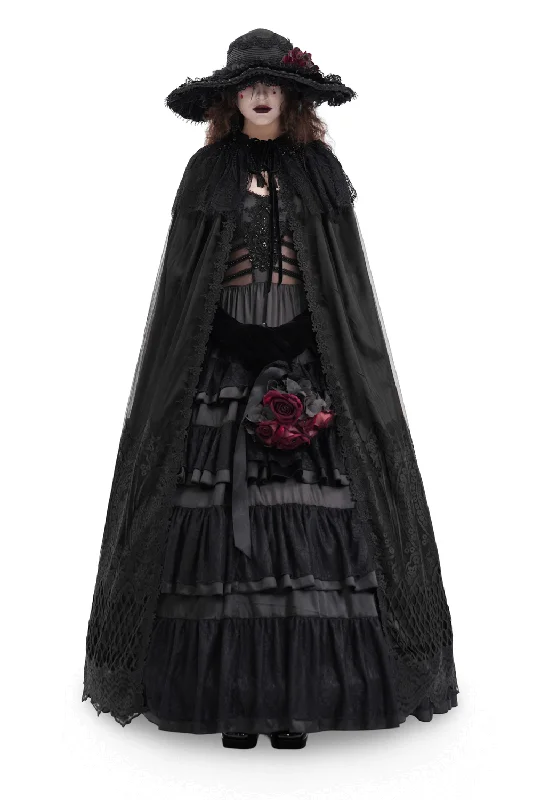 Gothic Hooded Cape with Lace Embroidery and Mesh Details Hoodie with Emblem Brand Identity Gothic Hooded Cape with Lace Embroidery and Mesh Details Hoodie with Emblem Brand Identity