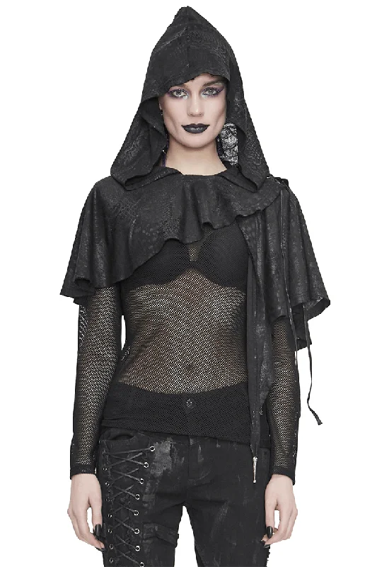 Gothic Punk Asymmetrical Hooded Cape / Women's Black Short Cape With Lace-up Hoodie with Button Placket Classic Preppy Gothic Punk Asymmetrical Hooded Cape / Women's Black Short Cape With Lace-up Hoodie with Button Placket Classic Preppy