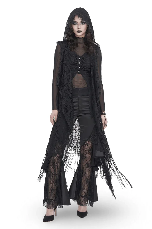Gothic Sleeveless Hooded Lace Tasseled Cape For Women Hoodie with Monochrome Minimalist Simple Gothic Sleeveless Hooded Lace Tasseled Cape For Women Hoodie with Monochrome Minimalist Simple